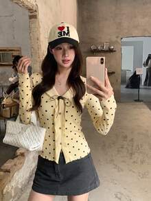 Preppy Sweet Vacation Date Contrast Color Polka Dot Frill Trim Women's Top, Suitable For Back To School Season, Gatherings - Pale Yellow - View 2