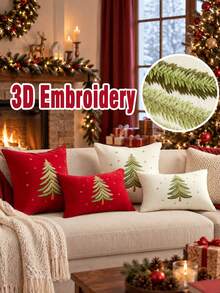 1pc Christmas Tree Embroidered Chenille Pillow Case, Red/Beige Holiday Decorative Cushion Cover, Hidden Zipper Design, Removable And Washable, Suitable For Sofa Living Room Christmas Home Decor, Pillow Insert Not Included - Beige - View 1