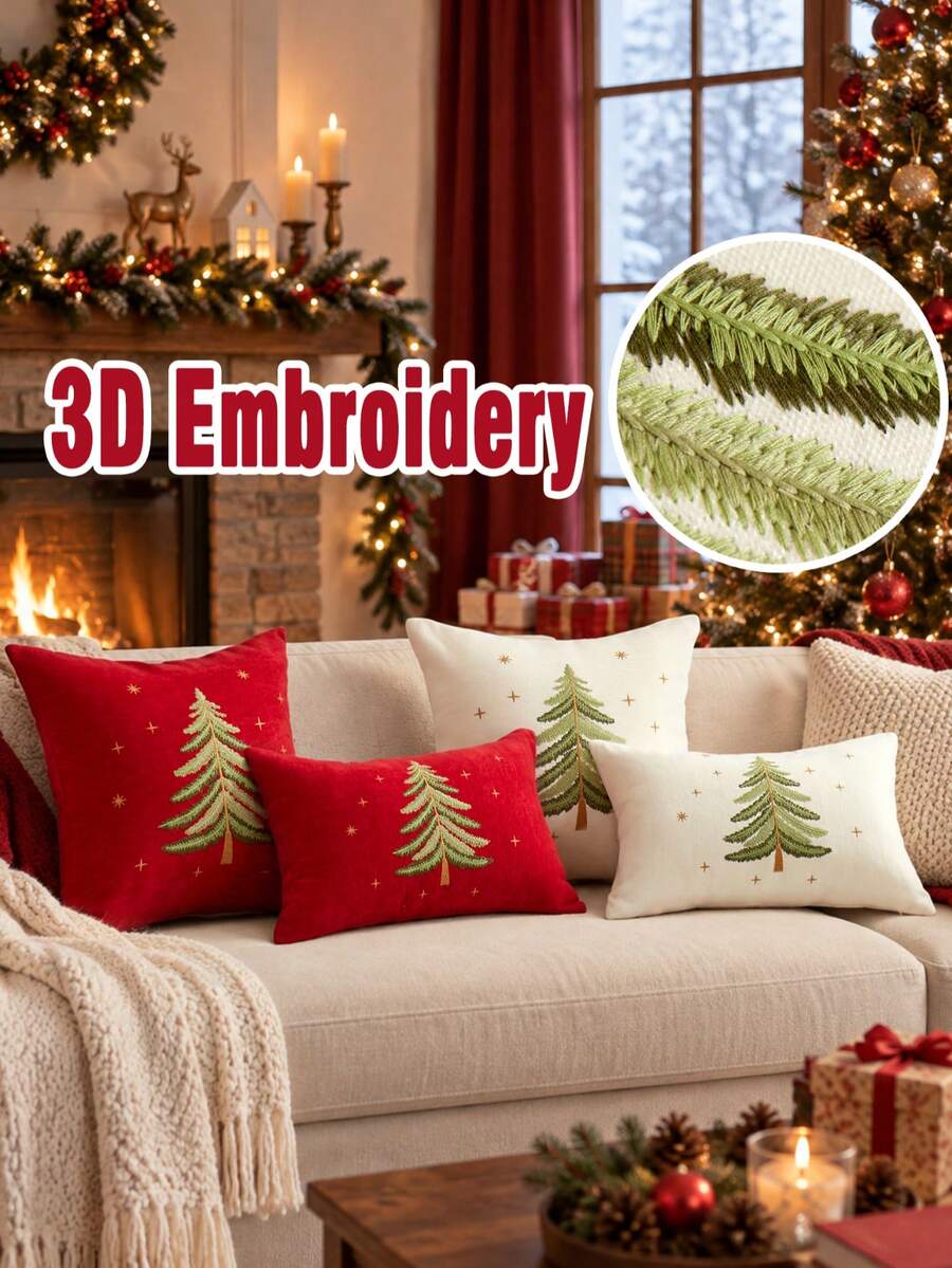 1pc Christmas Tree Embroidered Chenille Pillow Case, Red/Beige Holiday Decorative Cushion Cover, Hidden Zipper Design, Removable And Washable, Suitable For Sofa Living Room Christmas Home Decor, Pillow Insert Not Included - Beige - View 1