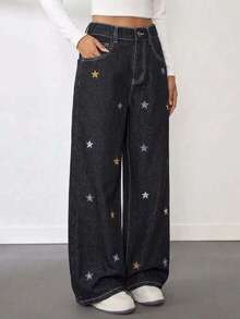 Girls' Teen Mid-Waist Star Embroidered Loose Wide-Leg Streetwear Black Denim Jeans - Black - View 3