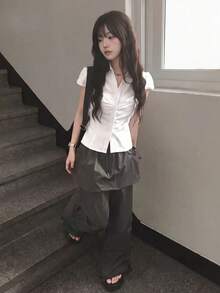 Korean Style Fitted Collared Waist Cinching Short Sleeve Shirt White Summer, Office Siren - White - View 7