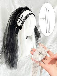 Lolita Style Hair Accessory Eye Mask, Halloween Lace Eye Mask, Dark Style Headband, Gothic Bow Elegant Accessory, Cosplay Shawl Head Veil, Halloween - Multicolor - View 13