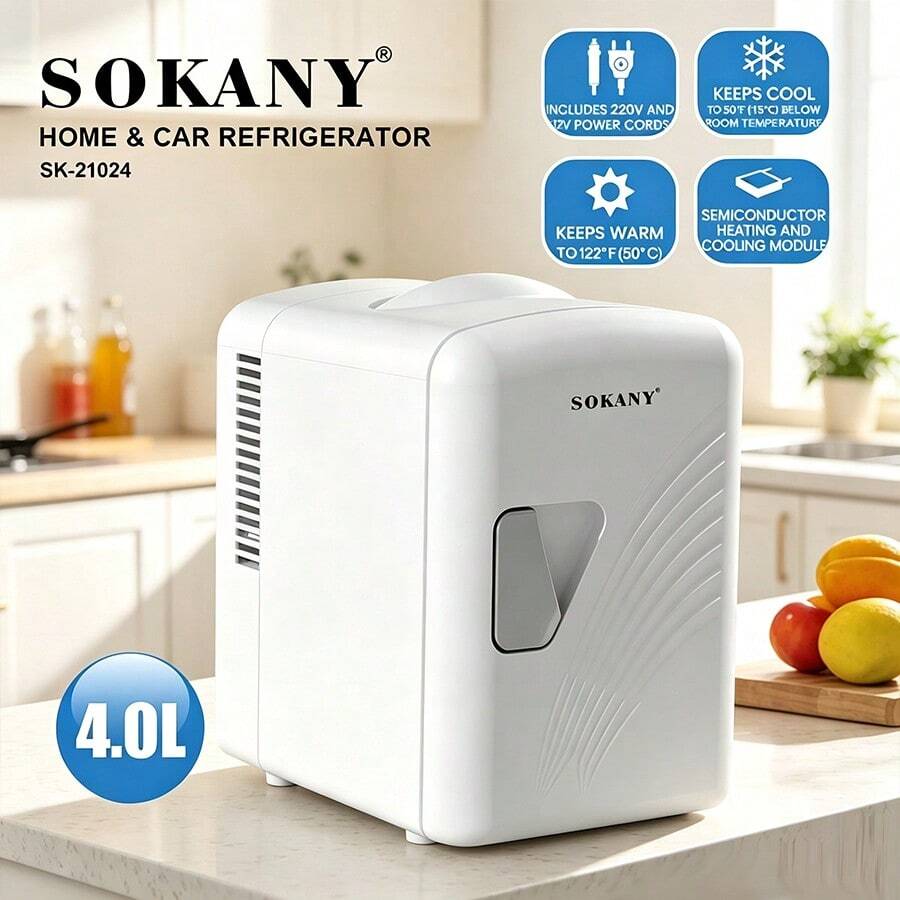 SOKANY 21024 Car Mini Fridge Portable Cooler/Warmer, 4L Capacity, Cooling 5°C/Heating 50°C, Dual Use For Car/Home/Office/Dorm, Ideal Gift For Friends, Minifridge,Small Refrigerator, Mini Fridge,Fridge, Mini Office Fridge - White - View 1
