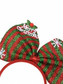1pc Christmas Red & Green Striped Sequin Large Bow Headband MerryChristmas Snowflake Decor Bell Head Hoop Holiday Party Costume Hair Accessory - Red and Green - View 4