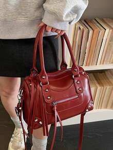 Tassel Decor Tote Bag, Distressed Metal Rivet Accessories, Adjustable & Detachable Shoulder Strap, Zipper Closure, American Vintage Pillow Bag, Student & Office Worker Handbag, Versatile Atmosphere Bag - Red - View 6