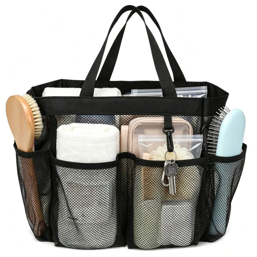 1pc Mesh Shower Caddy, Portable 8-Pocket Bathroom Storage Bag, Large Capacity Organizer Bag, Suitable For College Dorm, Travel, Beach, Swimming, Gym, Shower Essentials Storage, Lightweight Toiletry Bag - Multicolor - View 1