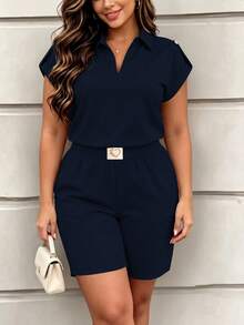 Women's Spring Summer Autumn Casual 2-Piece Set, New Fashion Solid Short Sleeve Top With Heart Print Shorts, Brand Outfit For Spring Break Elegant - Dark Blue 46 - View 3