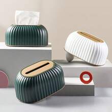 1pc Dual-Color Tissue Box Cover, Modern Minimalist ABS Tissue Box, Desktop Facial Tissue Dispenser, Living Room Bedroom Furniture Decor, Striped Design Storage Box, Holds One Box Of Tissues, Elegant Decorative Style, Back To School, Office Home Desktop Accessory - Multicolor - View 4
