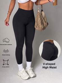 Women's Butt-Lifting Ruched Sports Base Layer Leggings, 3D Ruched Butt Design For Butt-Lifting And Curve Enhancement, Showcasing Charming Waist Dimples And Perky Butt, Tight Fit And Slimming For S-Curve, Comfortable Tight Fit, Suitable For Yoga, Fitness, Running And Street Style - Black - View 2