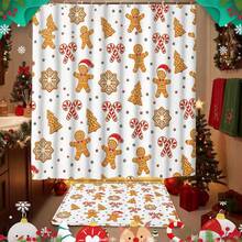1/4 Piece Bathroom Curtain Set, Includes Non-Slip Rug, Toilet Lid Cover And Bath Mat, Christmas Gingerbread Man Candy Cane Snowflake Pattern Waterproof Shower Curtain, With 12 Hooks, Suitable For Bathroom, Size 70.8*70.8 Inches - A - View 7