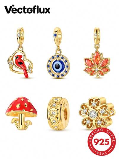 Vectoflux 1 buc. pandantiv din argint sterling S925 din seria Gold, cu frunză de arțar strălucitoare, ochi rotativ, floare golă, pasăre cardinal roșie, inimă embosată și ciupercă roșie, potrivit pentru brățară originală, colier, breloc, confecționare DIY de pandantive, cadou pentru femei, potrivit pentru zi de naștere, petrecere și sărbători