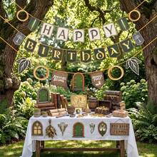 Middle-Earth Adventure Theme Happy Birthday Banner, Vintage Fantasy Hobbit Style Triangle Pennant, Ring Sword Leaf Hollow Door Sign Hanging Decor, Adventure Theme Party Supplies, Home Room Decoration, Holiday Atmosphere Props, Party Props, Party Favors - A - View 1