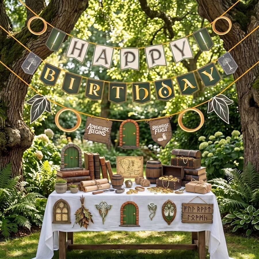 Middle-Earth Adventure Theme Happy Birthday Banner, Vintage Fantasy Hobbit Style Triangle Pennant, Ring Sword Leaf Hollow Door Sign Hanging Decor, Adventure Theme Party Supplies, Home Room Decoration, Holiday Atmosphere Props, Party Props, Party Favors - A - View 1