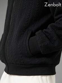 Zenbolt Men's Cable Knit Zipper Front Bomber Jacket,Urban Full Zip Sweater Jacket In Solid Black For Men,Long Sleeves Perfect For Everyday Layering - Black - View 5