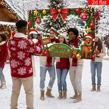 Banner Latar Belakang Potongan Wajah Natal Datar 2D, Kereta Natal, Siluet Wajah Peri dan Santa Claus untuk Properti Foto - A - View 9