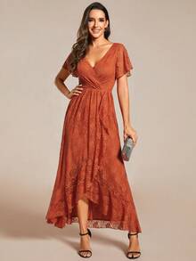 EVERPRETTY Lace Ruffle Sleeve Asymmetrical Hem Burnt Orange Bridal Mother Dress Suitable For Wedding Evening Party Wedding Guest Dress - Burnt Orange - View 6