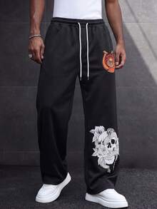 MAISONFOX Men's Pocket Drawstring Waist Casual Loose Skull Printed Long Pants,Draped Loose Fit Long Pants For Daily Wear,Sweatpants For Men,Baggy Sweatpants - Black - View 8