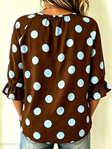 Plus Size Women's Geometric Pattern Loose 3/4 Sleeve Ruffle Blouse - Brown - View 3