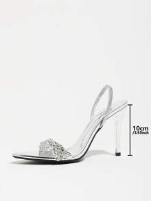 Women's Silver Mirror One-Strap Pointed Toe Slingback High Heel Sandals With Rhinestone Decor, Formal Dress Shoes, Versatile For Spring/Summer Commute, Party, Wedding, Outdoor Wear, Fashionable - Silver - View 6