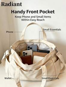 Women's Solid Color Canvas Tote Bag, Dual Handle Snap Closure Large Capacity Shoulder Crossbody Bag, Casual Commute Daily Bag - Beige - View 1