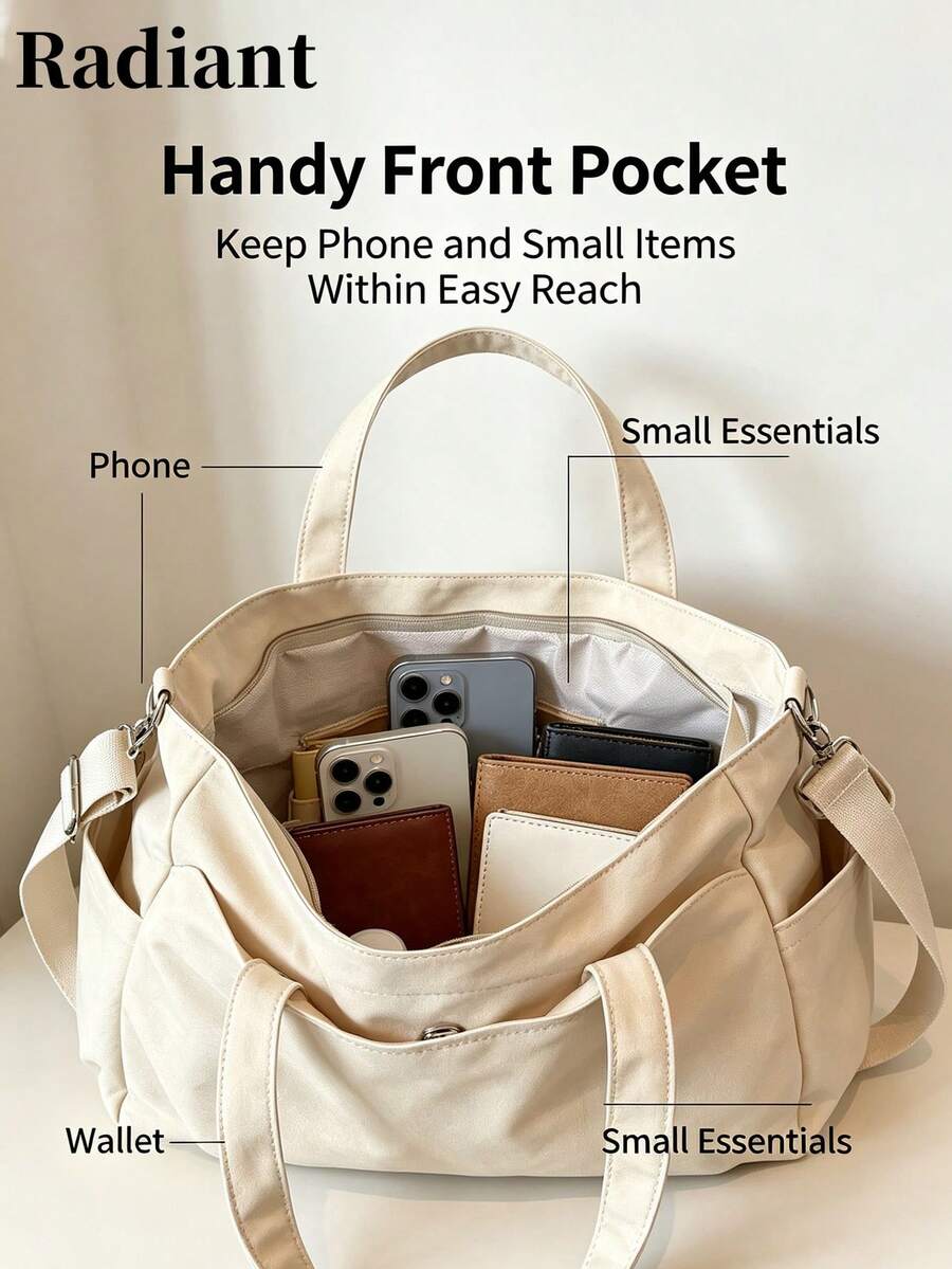 Women's Solid Color Canvas Tote Bag, Dual Handle Snap Closure Large Capacity Shoulder Crossbody Bag, Casual Commute Daily Bag - Beige - View 1