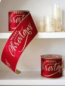 Velvet Christmas Ribbon, Elegant Metallic Ribbon With Gold Glitter, Merry Christmas Text, Metallic Edge, Double-Sided Ribbon, Suitable For Gift Wrapping, Gift Bows, Christmas Tree, Wreath, DIY Crafts, Holiday Party Decoration, Aesthetic Style - Multicolor - View 2