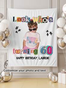 Who's Turning 60 生日橫幅，客製化 60 歲生日照片背景布，60 歲生日復古派對裝飾，復古勒索信風格標誌 - 彩色 - 查看 1