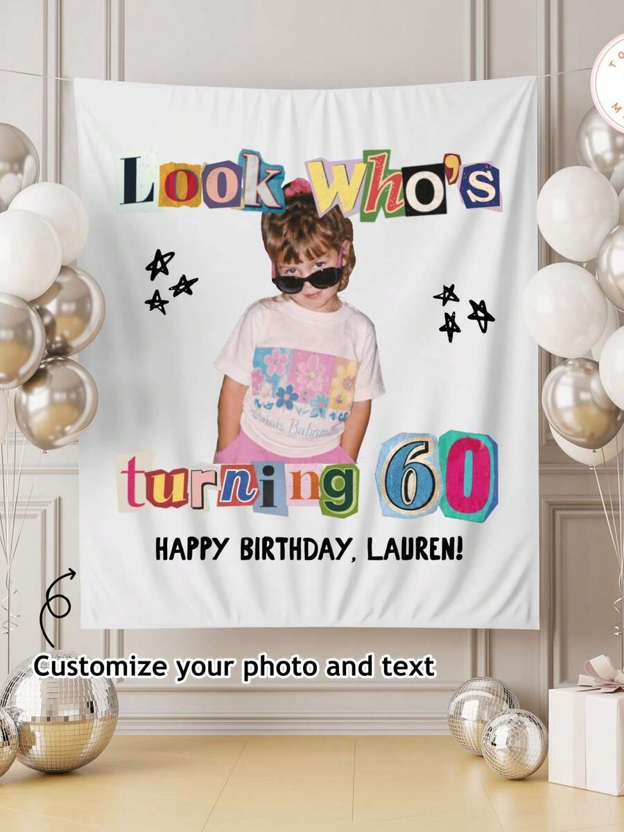 Who's Turning 60 生日橫幅,客製化 60 歲生日照片背景布,60 歲生日復古派對裝飾,復古勒索信風格標誌 - 彩色 - 查看 1