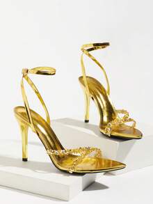 Women's High Heel Sparkling Rhinestone Single Strap Pointed Toe Stiletto High Heel Sandals, Spring/Summer Party Evening Wedding Sexy Open Toe Glamorous Style Gold Color Elegant High Heel Sandals - Gold - View 5