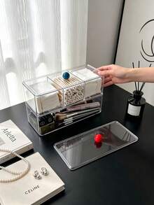 1pc Multi-Functional Desktop Cosmetic Storage Box, Colorful Ball Convenient Opening Handle, Thickened High-Transparency Dust-Proof Design, Freely Stackable Combination, Home Vanity Storage For Cotton Pads, Cotton Swabs, Lipsticks, Makeup Tools, Neat Storage Organizer - View 9
