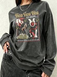 Plus Size Women's Round Neck Long Sleeve Wolf Pack Vintage Style Graphic Sweatshirt, Suitable For Book Lovers - Black - View 6