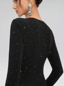 Rich Radi Q's Gaun Wanita Hitam Lengan Panjang Leher V Model A-Line, Dihiasi Detail Rhinestone Berkilau, Gaun Rok Lebar - Hitam - View 6