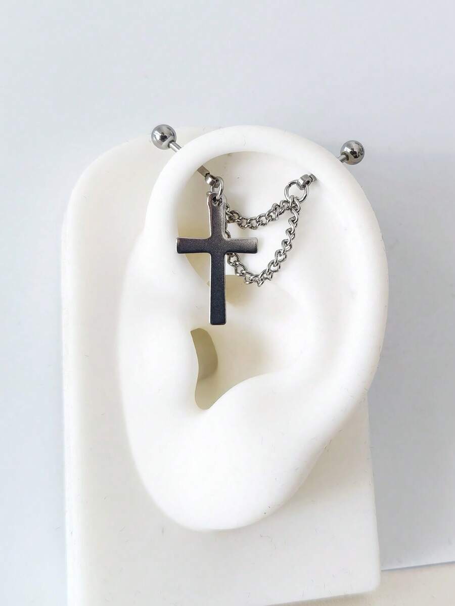 1Pc Double Chain Cross Pendant Floating Industrial Piercing Barbell Stainless Steel Ear Helix Piercing Earring Ear Stack Body Jewelry - Silver - View 1