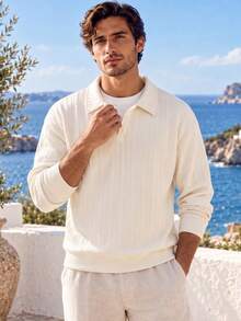 1pc Apricot Cable Knit Textured Men's Sweatshirt, Collared 2 In 1 Loose Long Sleeve Sweatshirt, Soft Skin-Friendly Knit Fabric, Minimalist Textured Vacation Style, Machine Washable And Dry Cleanable, Suitable For Beach Travel, Short Trips And Daily Wear - Apricot - View 2