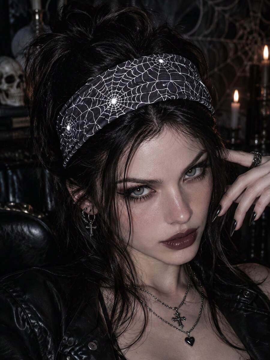 1PC Halloween Spider Web Headband For Women Y2K Gothic Black Hair Band Cool Spider Web-Style Headband Accessory Perfect For Everyday Wear And Styling. - Multicolor - View 1
