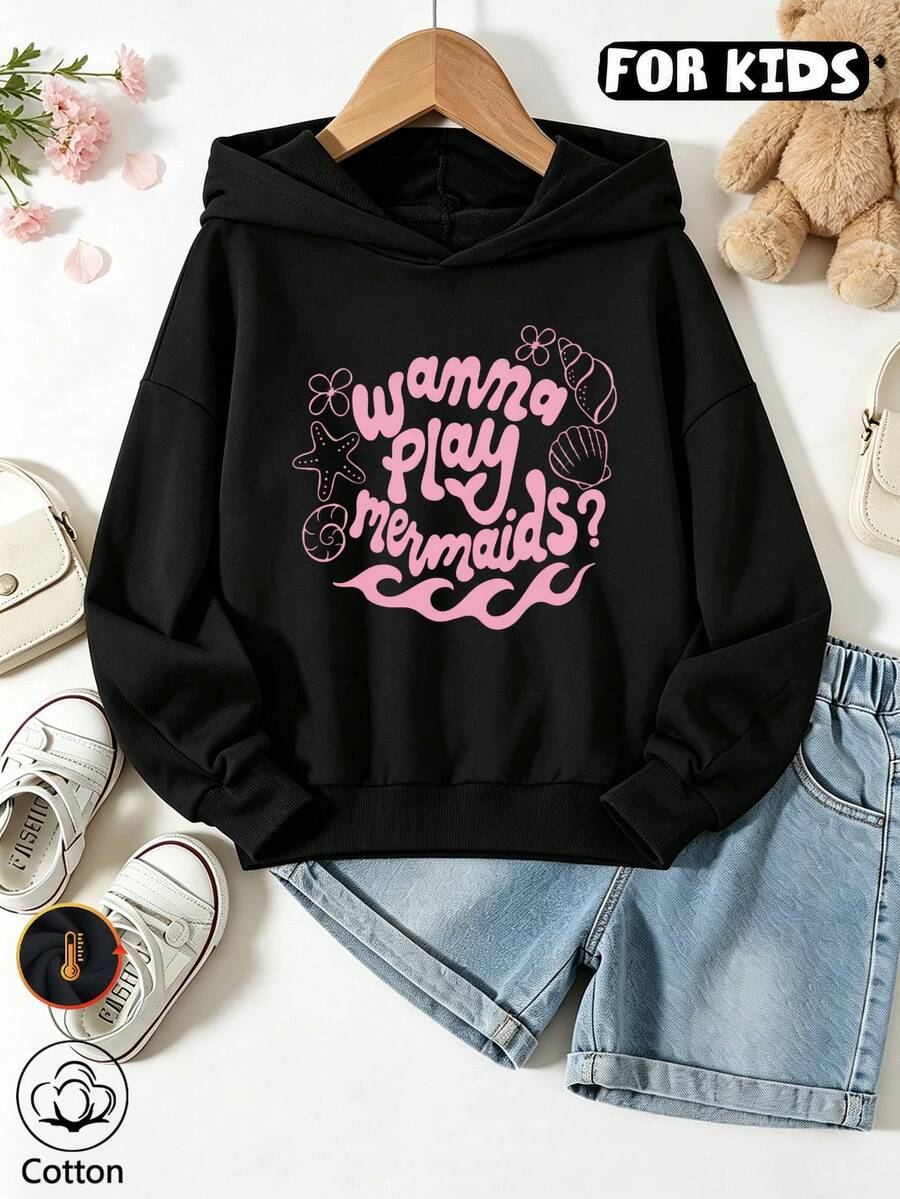 Girls Mermaid Letter & Shell Starfish Print Sweatshirt, Long Sleeve Casual Pullover Sweatshirt - Black - View 1
