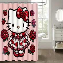 SANRIO Halloween Theme 2D Printed Hello Kitty 4-Piece Bathroom Set, Cute Gothic Style Cartoon Cat Waterproof Shower Curtain Full Set Bathroom Mat Set, Non-Slip Bathroom Rug, Toilet Lid Cover, Holiday Home Decor - Shower Curtain and Bath Mat - View 4