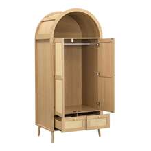 Flieks Arched Wardrobe With 2 Doors & 2 Drawers, 180cm Tall Beige Rattan-Effect Double Wardrobe In Walnut Finish With Hanging Rail & Display Shelf - Natural - View 9