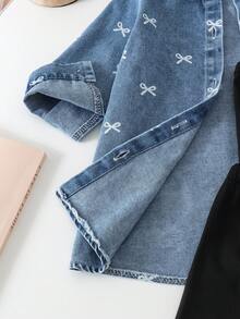 3pcs Baby Girl Vintage Casual Printed Long Sleeve Denim Jacket, Black Camisole Top And Shorts Set, Lightweight For Spring And Autumn - Light Wash - View 10