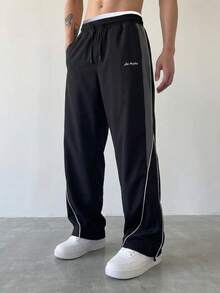 Black & Grey Colorblock Techwear Cargo Pants For Men, Elastic Drawstring Waist, White Trim Hem Design, Small Logo Print, Loose Straight Leg Wide Leg Pants, Versatile For Daily Wear And Sports, Unisex - Black - View 3