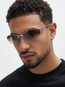 1 Pair Men's Silver Cat Eye Half-Frame Lightweight Luxury Metal Thin Temple Classic Fashion Glasses - Silver - View 1