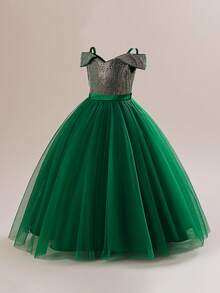 Tween Girls V-Neck Sequin Mesh Elegant Party Dress Suitable For Evening Party, Birthday, Flower Girl, Wedding - Dark Green - View 8
