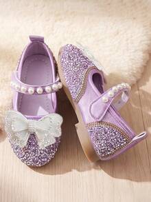 Zapatos Mary Jane para niñas 2026 Azul/Morado con correa de gancho y bucle de perla, lazo de malla de doble capa, cristales iridiscentes, suela plana de goma ligera y antideslizante, adecuados para uso diario, escuela, salidas, sesiones de fotos, fiestas de cumpleaños! - Morado - Ver 1