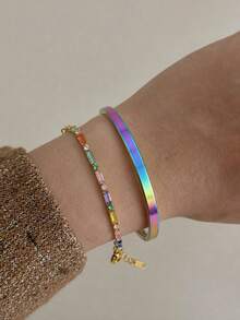 Camhanno Gelang Rantai Enamel Lavender, Gelang Enamel Merah Muda, Perhiasan Wanita Warna Macaron yang Dapat Ditumpuk - MultiWarna - View 1