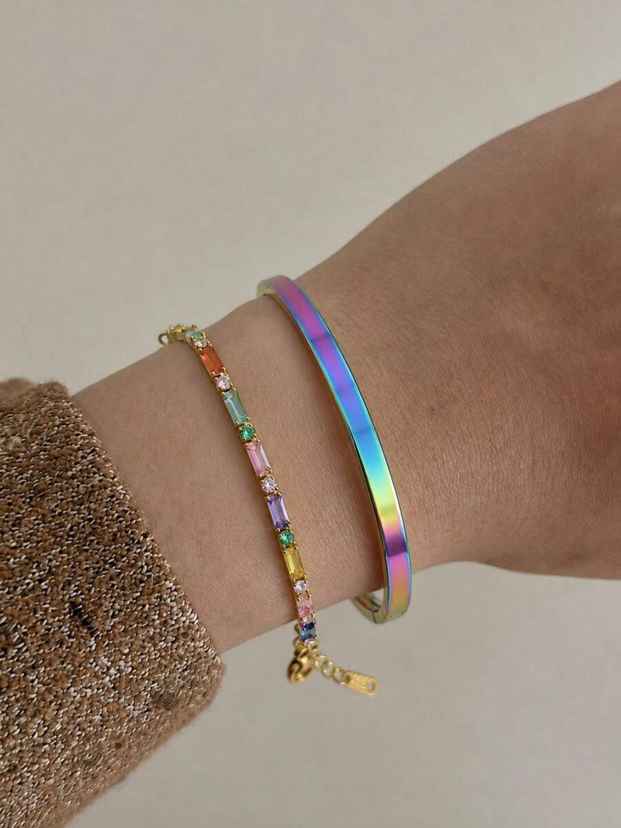 Camhanno Gelang Rantai Enamel Lavender, Gelang Enamel Merah Muda, Perhiasan Wanita Warna Macaron yang Dapat Ditumpuk - MultiWarna - View 1