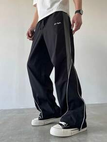 Black & Grey Colorblock Techwear Cargo Pants For Men, Elastic Drawstring Waist, White Trim Hem Design, Small Logo Print, Loose Straight Leg Wide Leg Pants, Versatile For Daily Wear And Sports, Unisex - Black - View 1