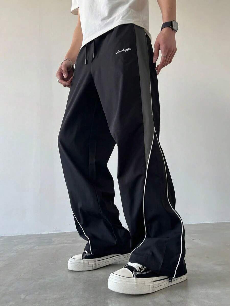 Black & Grey Colorblock Techwear Cargo Pants For Men, Elastic Drawstring Waist, White Trim Hem Design, Small Logo Print, Loose Straight Leg Wide Leg Pants, Versatile For Daily Wear And Sports, Unisex - Black - View 1