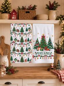 2PCS Kitchen Towels, Christmas Tree Gift Box Pattern Kitchen Towels Dish Cloths, Watercolor Style 40*60cm Rectangular Soft Microfiber Cleaning Kitchen Towels, Perfect For Kitchen, Dining Room And Bathroom Use, Christmas Kitchen Decor, Home Decor, Neighbor Housewarming Gift, Dish Cloths - White - View 5