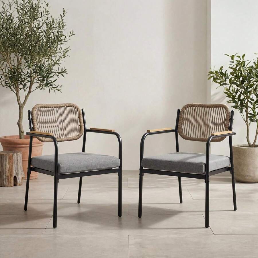 WAHSON OFFICE CHAIRS 2PCS Grey Stackable Outdoor Garden Dining Chairs With Rope Back