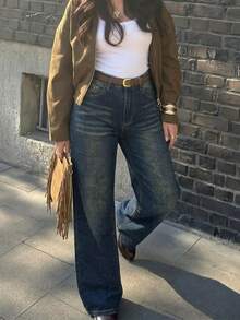 Celana Jeans Denim Wanita Model Vintage Longgar Gaya Boyfriend Lurus Kasual Musim Gugur - Dark Wash - View 6